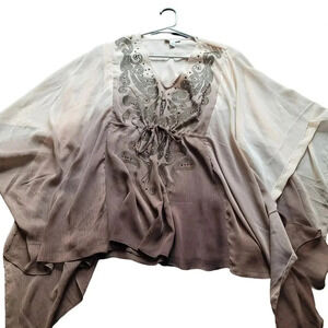 Boston Proper Women's Kaftan Chiffon Blouse Size M Brown Ombre V-neck Studded